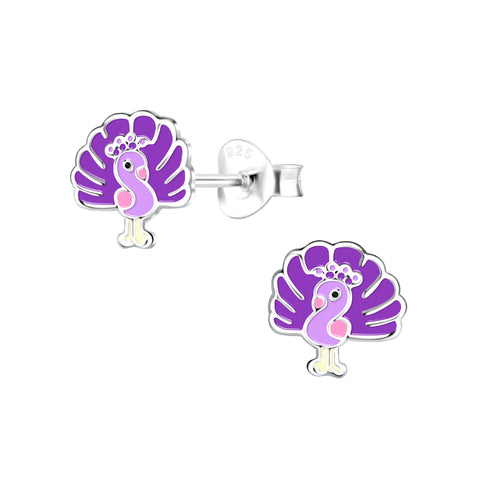 Sterling Silver Kids Purple Peacock Stud Earrings Sterling Silver Kids Purple Peacock Stud Earrings