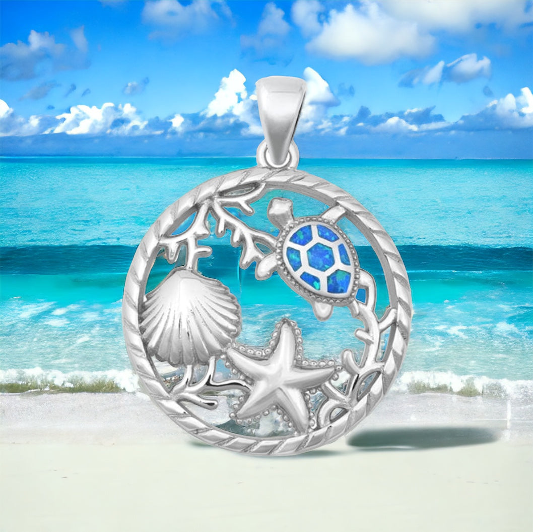 Sterling Silver Sea Life Opal Turtle Starfish Pendant Necklace Sterling Silver Sea Life Opal Turtle Starfish Pendant Necklace