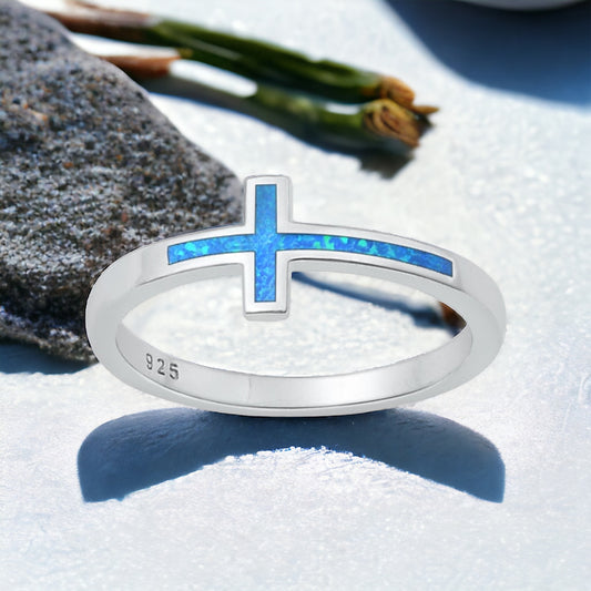 Sterling Silver Blue Lab Opal Cross Ring