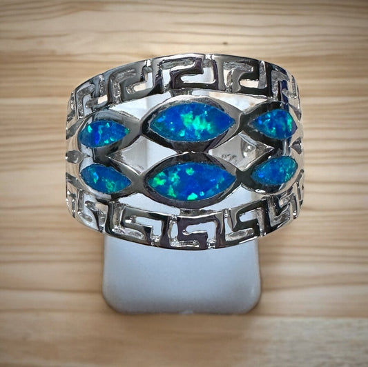 Sterling Silver Fire Opal Wide Band Ring Size 8