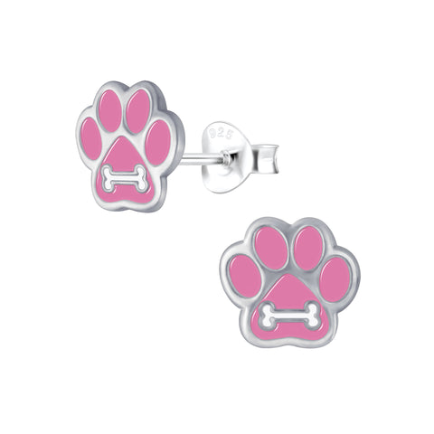 Sterling Silver Paw Print Dog Bone Stud Earrings Pink