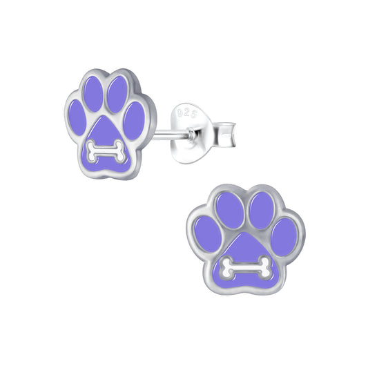 Sterling Silver Paw Print Dog Bone Stud Earrings Pink