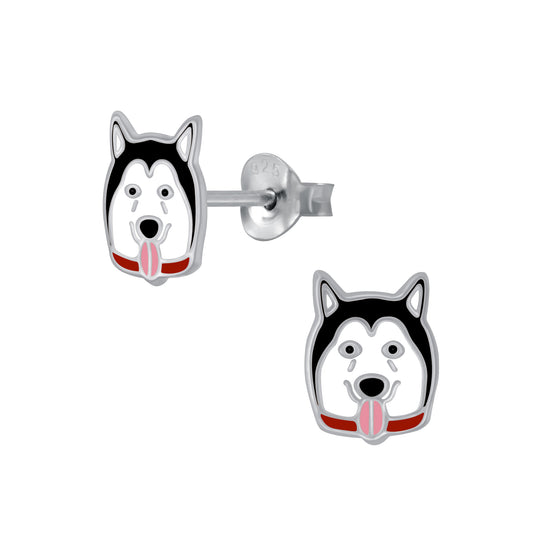 Sterling Silver Enamel Husky Dog Stud Earrings