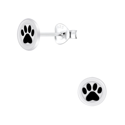 Sterling Silver Solid Paw Print Circle Stud Earrings