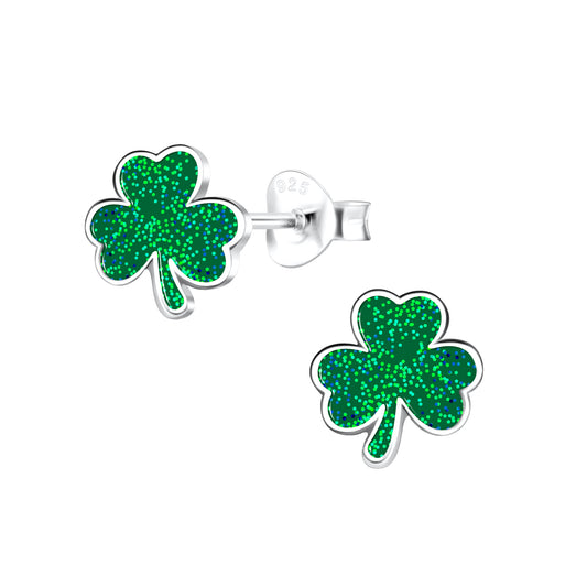 Sterling Silver Green Enamel Shamrock Stud Earrings