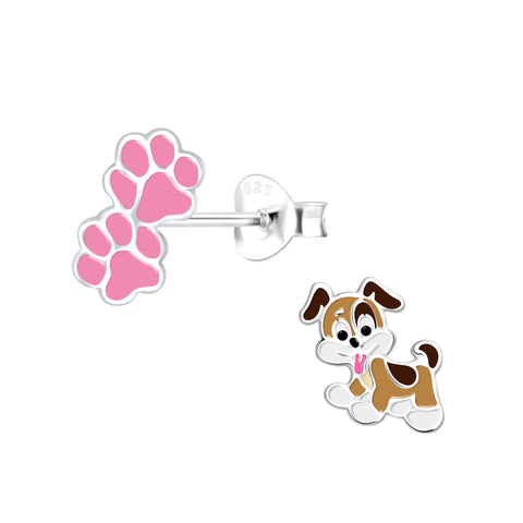 Sterling Silver Puppy & Paw Print Stud Earrings