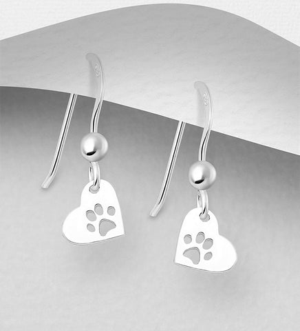 Sterling Silver Paw Print Heart Dangle Earrings