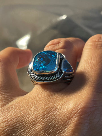 Sterling Silver Cable Design Cushion Cut Quartz Stone Statement Ring