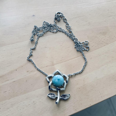 Sterling Silver Larimar Stone Flower Necklace