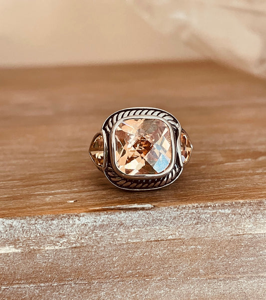 Sterling Silver Cable Setting Champagne Quartz Stone Statement Ring