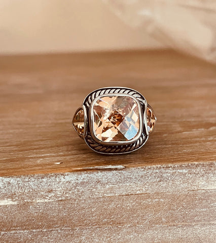 Sterling Silver Cable Setting Champagne Quartz Stone Statement Ring