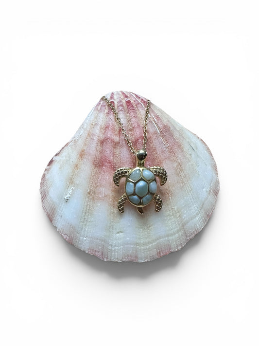 14K GP .925 Sterling Silver Genuine Larimar Stone Turtle Pendant Necklace