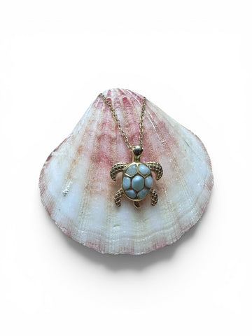 14K GP .925 Sterling Silver Genuine Larimar Stone Turtle Pendant Necklace