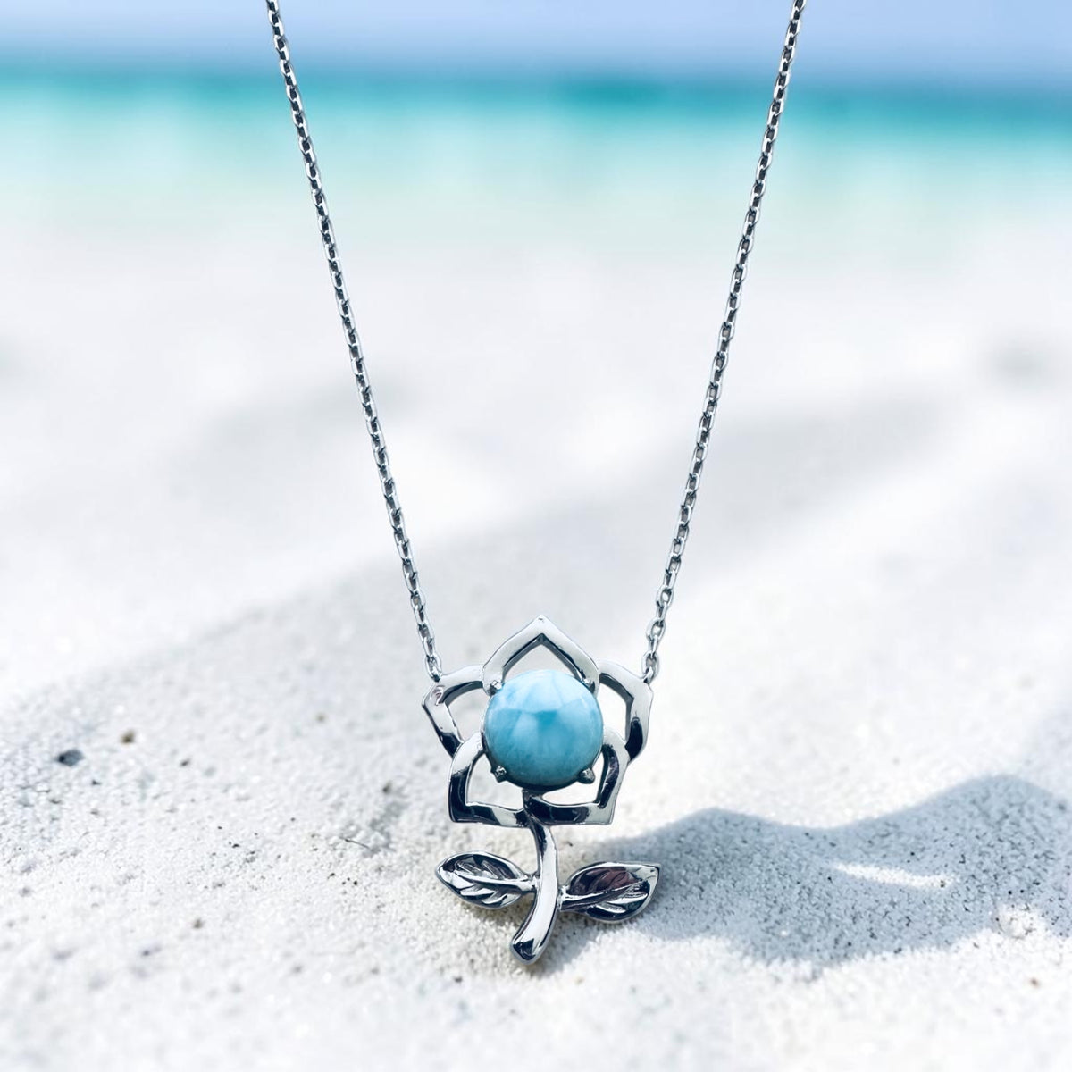 Sterling Silver Larimar Stone Flower Necklace