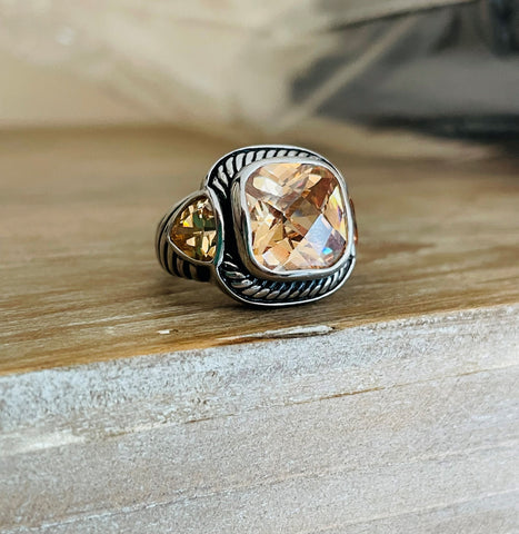Sterling Silver Cable Setting Champagne Quartz Stone Statement Ring