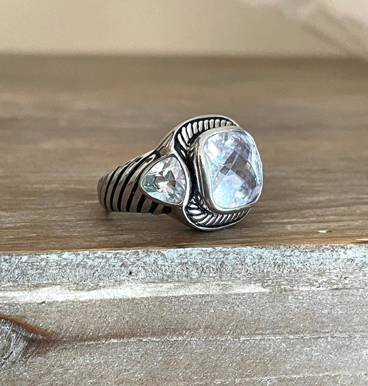 Sterling Silver Cable Design Cushion Cut Quartz Stone Statement Ring