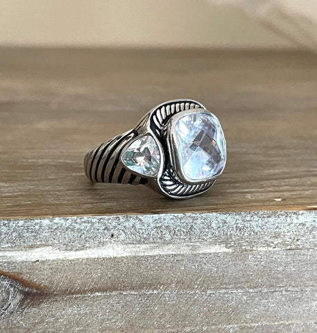 Sterling Silver Cable Design Cushion Cut Quartz Stone Statement Ring