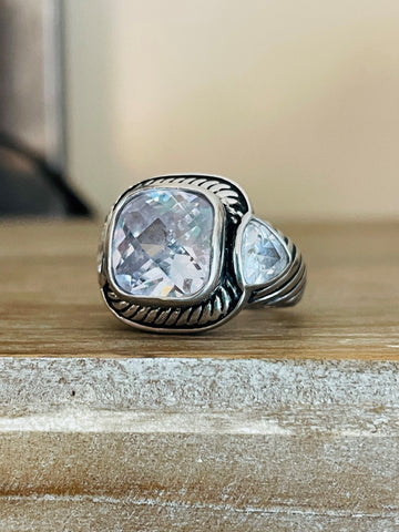 Sterling Silver Cable Design Cushion Cut Quartz Stone Statement Ring