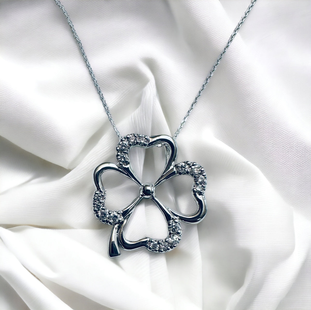 Sterling Silver CZ Four Leaf Clover Slide Pendant Necklace