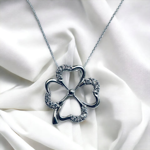 Sterling Silver CZ Four Leaf Clover Slide Pendant Necklace