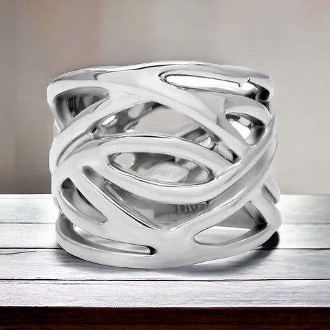 Stainless Steel Wide Criss Cross Band Statement Ring