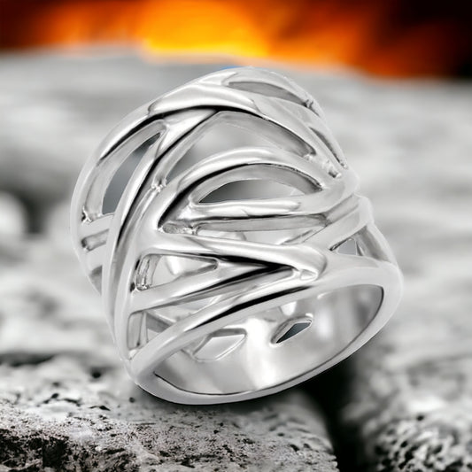 Stainless Steel Wide Criss Cross Band Statement Ring