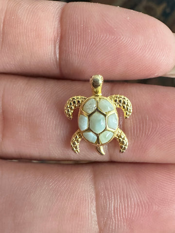 14K GP .925 Sterling Silver Genuine Larimar Stone Turtle Pendant Necklace