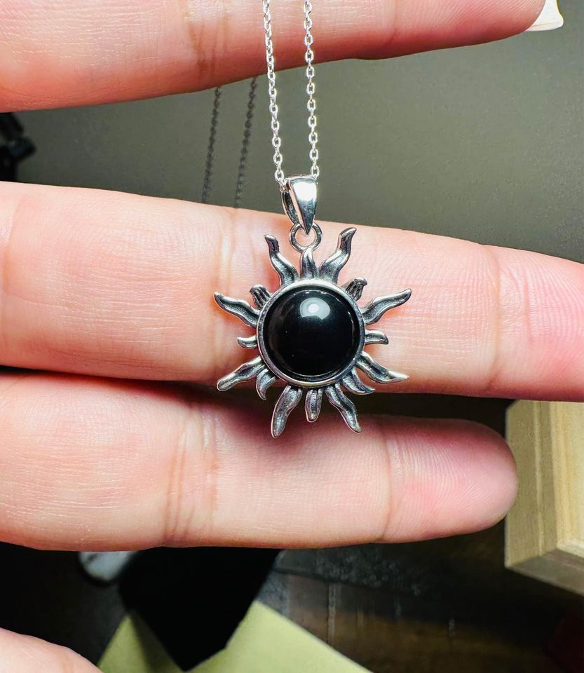 Sterling Silver Genuine Stone Sun Pendant Necklace