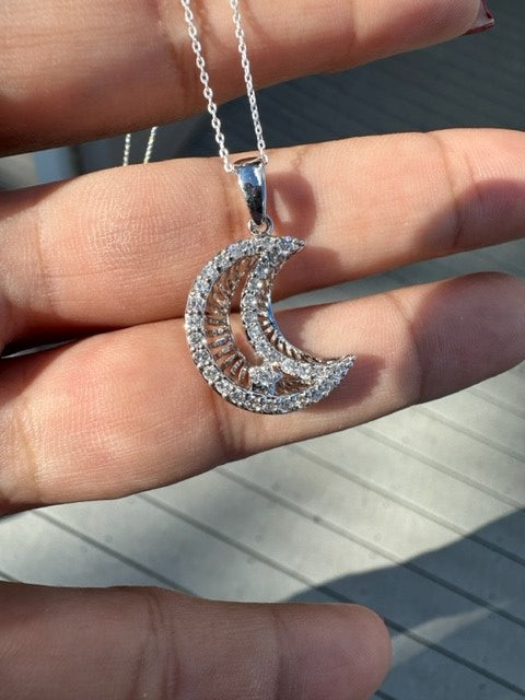 Sterling Silver CZ Crescent Moon & Star Pendant Necklace