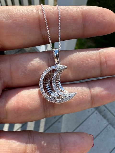 Sterling Silver CZ Crescent Moon & Star Pendant Necklace
