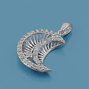 Sterling Silver CZ Crescent Moon & Star Pendant Necklace