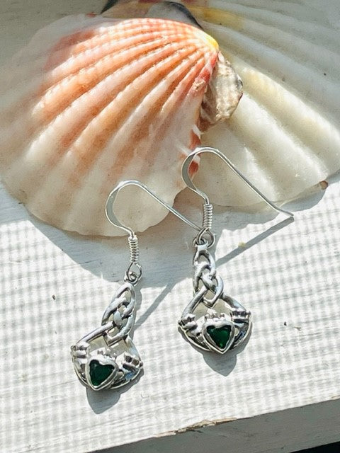 Sterling Silver Emerald CZ Claddagh Dangle Earrings