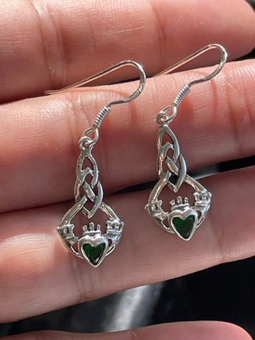 Sterling Silver Emerald CZ Claddagh Dangle Earrings