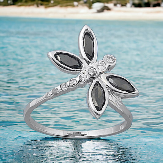 Sterling Silver Black & Clear CZ Dragonfly Ring