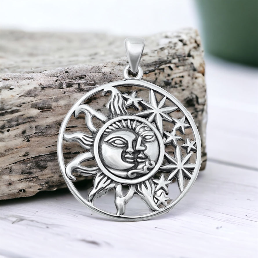 Sterling Silver Large Sun, Moon & Stars Necklace