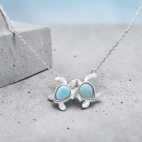 Sterling Silver 18K GP Larimar Double Sea Turtle Adjustable Necklace
