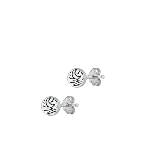 Sterling Silver Moon & Ocean Stud Earrings