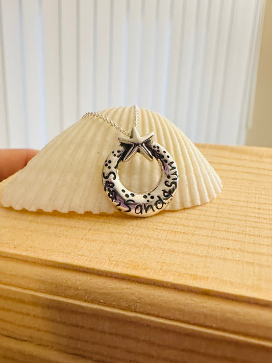 Sterling Silver Sea Sand & Sun Starfish Beach Pendant Necklace
