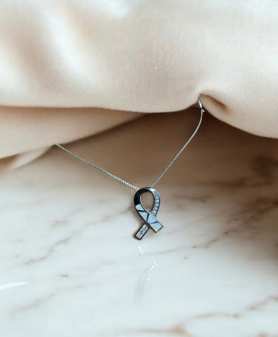 Sterling Silver Blue Opal Breast Cancer Ribbon Pendant