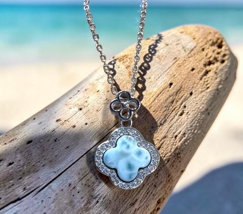 Sterling Silver Clover Shaped Larimar Stone Necklace