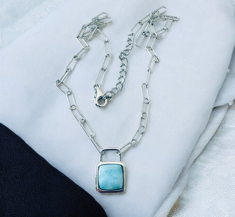 Sterling Silver Genuine Larimar Stone Lock Staple Chain Necklace