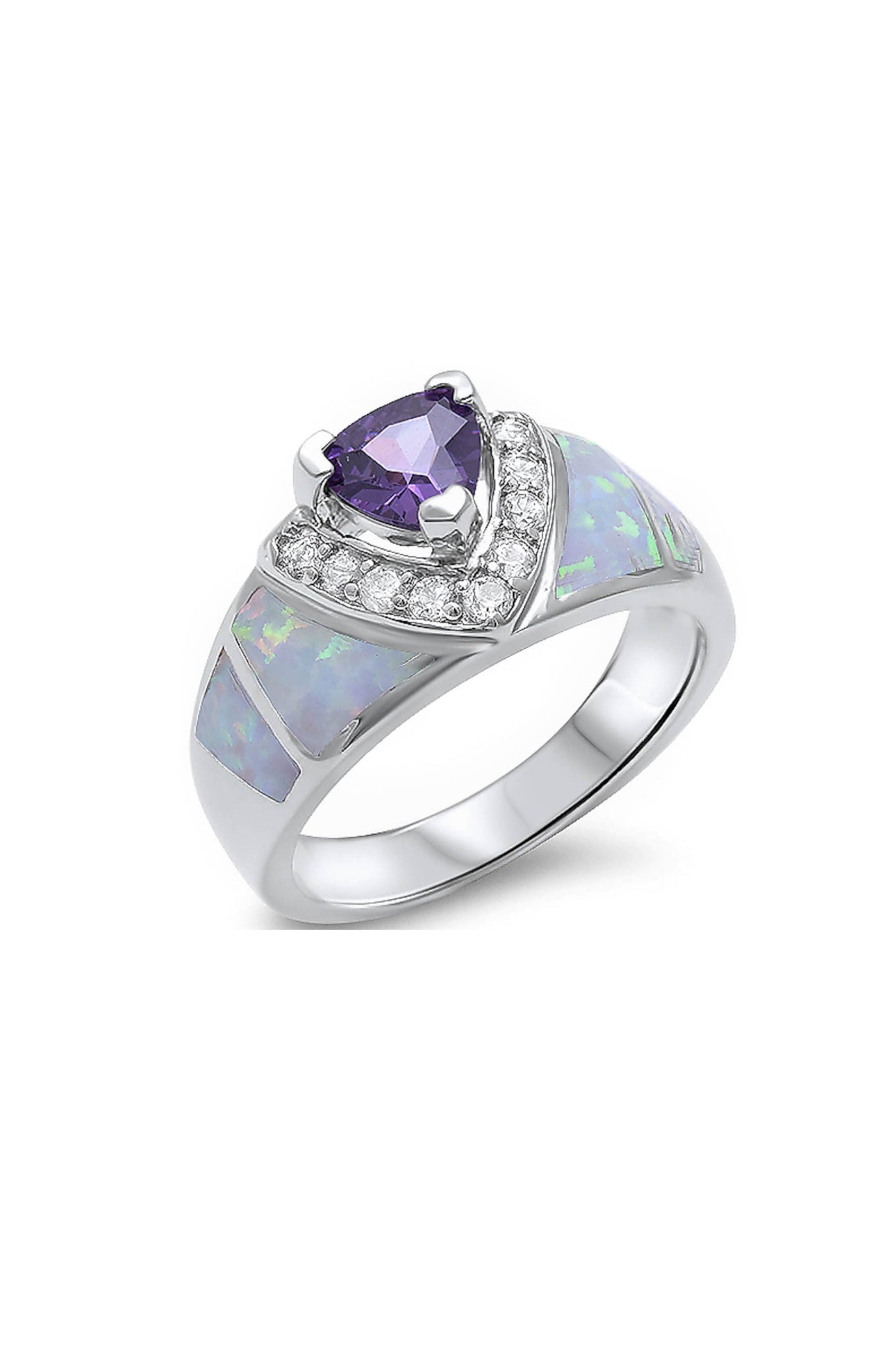 Sterling Silver White Lab Opal & Amethyst Stone Statement Ring
