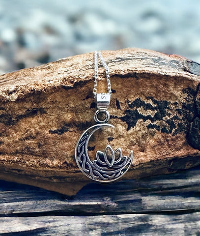 Sterling Silver Crescent Moon & Lotus Flower Pendant Necklace