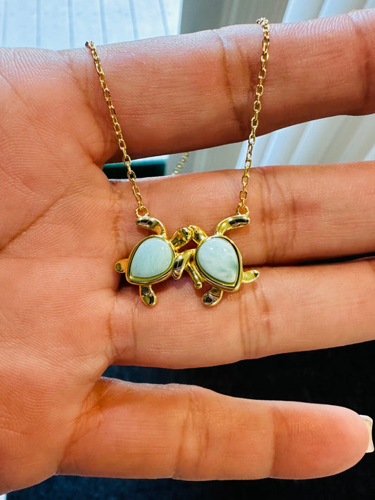 Sterling Silver 18K GP Larimar Double Sea Turtle Adjustable Necklace