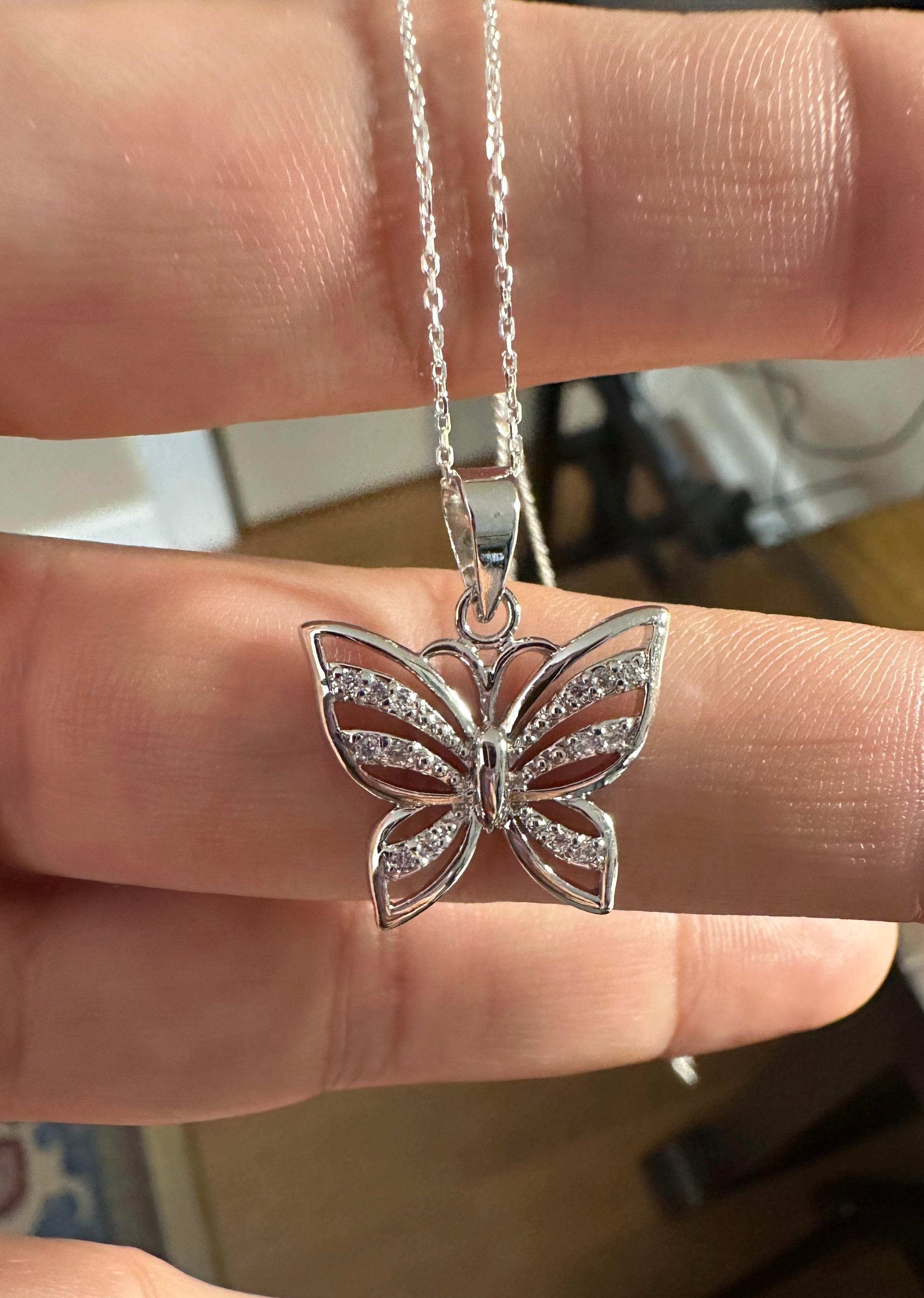 Sterling Silver CZ Stone Butterfly Pendant Necklace