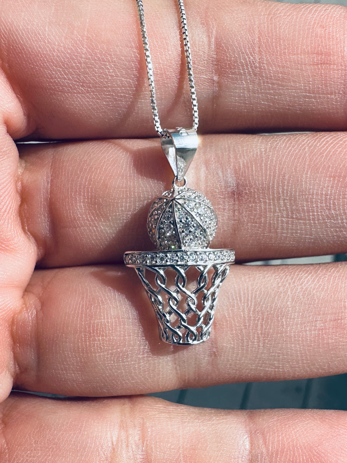 Sterling Silver CZ Stone Basketball & Hoop Necklace