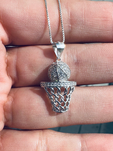Sterling Silver CZ Stone Basketball & Hoop Necklace