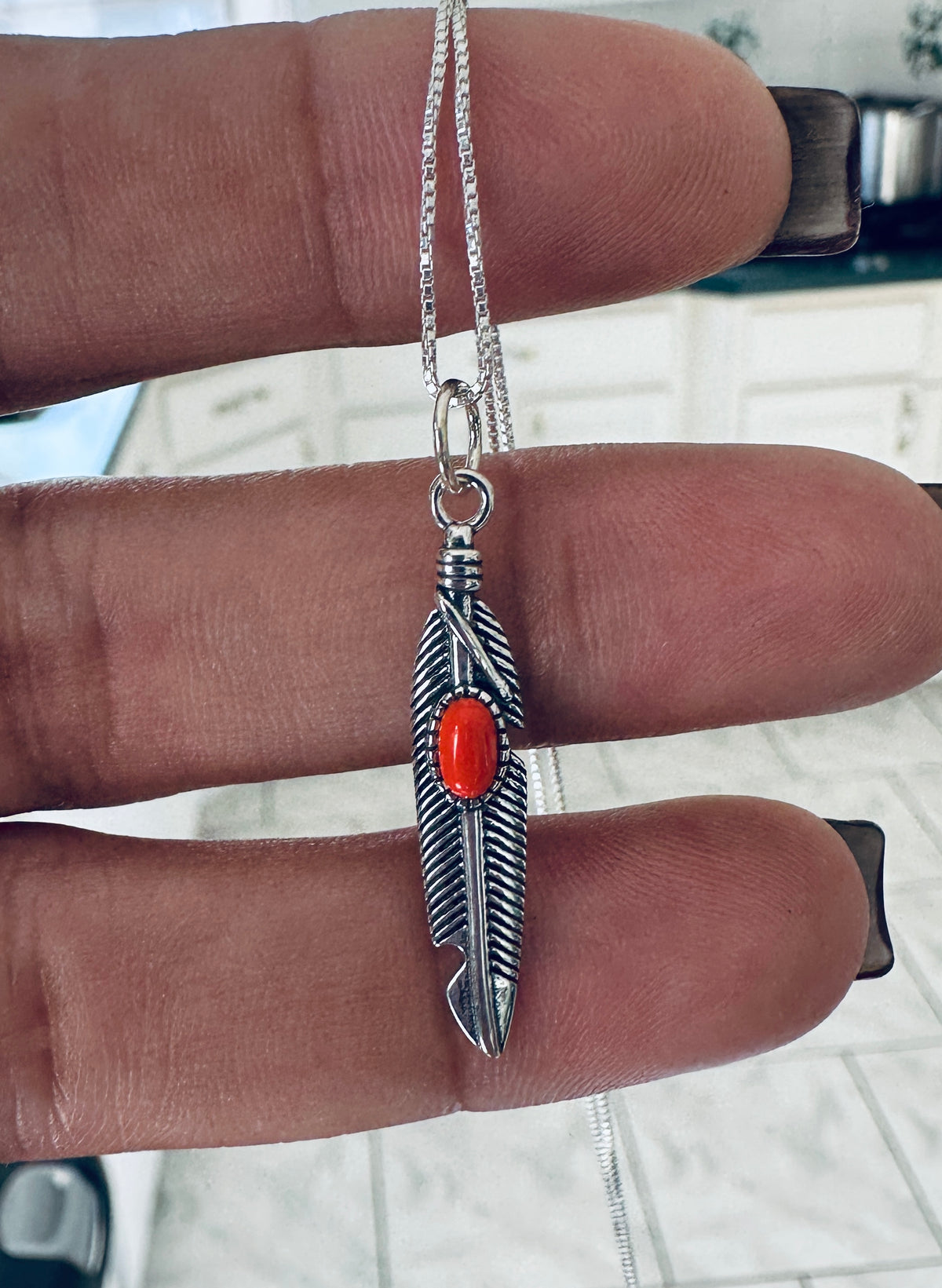 Sterling Silver Coral Feather Necklace