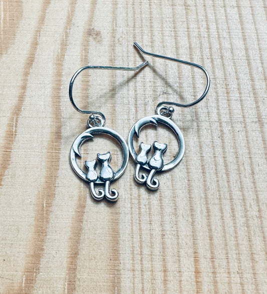 Sterling Silver Cat & Moon Earrings