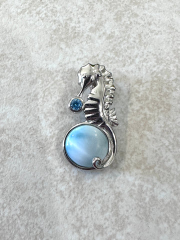 Sterling Silver Genuine Larimar & Blue Topaz Stone Solid Seahorse Pendant